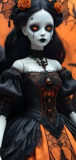 Gothic doll with orange eyes and dark dress, set against eerie background.