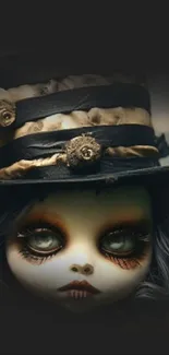 Gothic doll with hat in dark wallpaper.