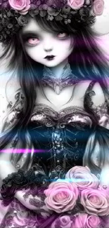 Gothic doll with long hair and pink roses in grayscale.