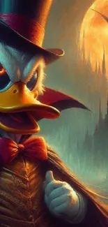 Duck in vampire costume with spooky castle and full moon backdrop.