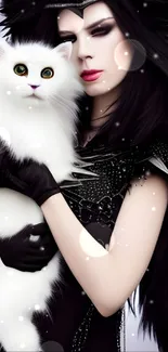 Gothic woman holding a white fluffy cat with a mystical aura.