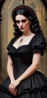 Gothic woman in black dress portrait.