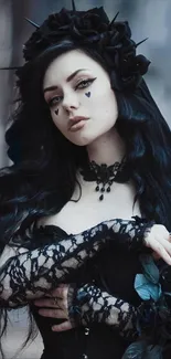 Gothic woman with lace gloves and dark makeup.