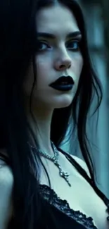 Gothic woman with dark lipstick and necklace.