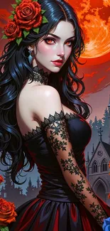 Gothic fantasy woman with red moon backdrop.