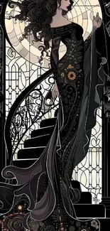 Gothic woman in black dress on staircase.