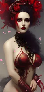 Gothic woman with red roses in enchanting mobile wallpaper.