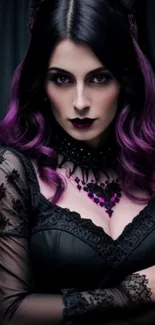 Gothic woman with purple hair and lace dress in dark wallpaper.