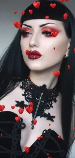 Gothic woman with dramatic makeup and black lace necklace.