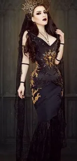 Gothic elegance in a dark fashionable dress with ornate detailing.