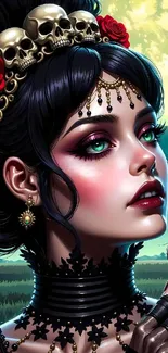 Gothic styled woman with skulls and roses in her hair.