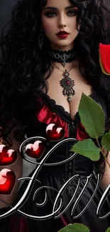 Gothic woman with rose and hearts.