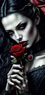 Gothic vampire holding a rose with elegance.