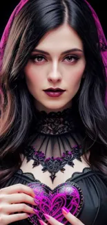 Gothic woman with a purple heart in lace attire.