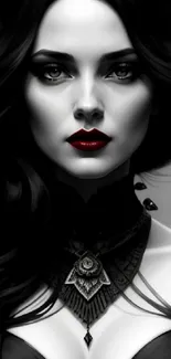 Gothic-inspired portrait wallpaper with dark elegance and red lips.