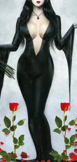 Gothic woman in black gown with roses and hearts.