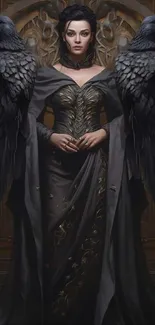 Mysterious woman with ravens in gothic attire.