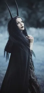 Gothic figure in dark cloak amidst enchanted forest.