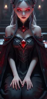 Gothic enchantress with fiery eyes in fantasy art.