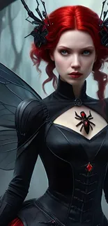 Red-haired gothic fairy with dark wings and intricate design.