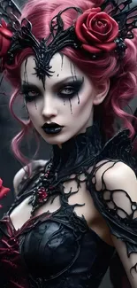 Gothic fairy with roses and dark wings.