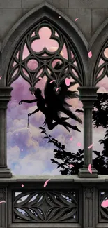 Gothic fairy silhouette against pastel clouds in architectural setting.