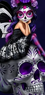 Gothic fairy sitting on a purple-accented skull.