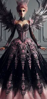 Gothic angelic figure in pink and black attire sets a fantasy wallpaper tone.