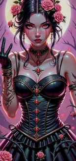 Gothic fantasy anime character with roses and skulls.