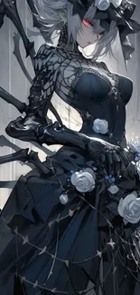 Gothic fantasy anime character with spider motifs and roses.