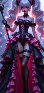 Gothic anime character in pink dress with a staff, vibrant background.