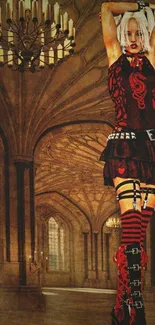 Gothic fantasy art wallpaper with character in cathedral.