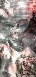 Gothic fantasy art featuring a woman, butterflies, and a castle under a crimson moon.