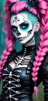 Gothic fantasy art with pink-haired skull-faced woman.