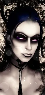 Gothic fantasy character with dark aura and purple accents in intricate setting.