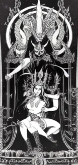 Gothic fantasy art wallpaper in black and white with intricate details.