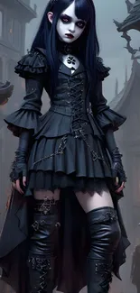 Gothic style fantasy character in dark attire.