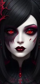 Gothic fantasy art of a woman with red eyes and dark floral accents.