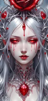 Gothic fantasy art with red and silver highlights.