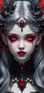 Gothic fantasy wallpaper with a character in silver hair and red accents.