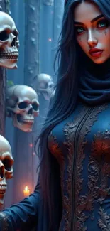 Gothic fantasy wallpaper with woman and skulls in a mystical setting.