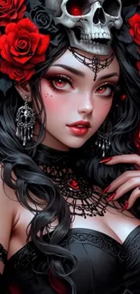 Gothic fantasy artwork with roses and skull.