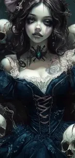 Gothic woman in ornate dress with skulls surrounding.
