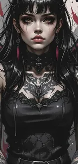 Gothic fantasy woman with tattoos and dark aesthetic.