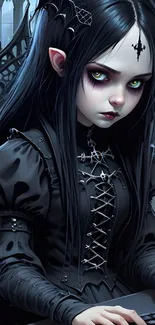 Gothic fantasy character with dark attire and striking eyes.