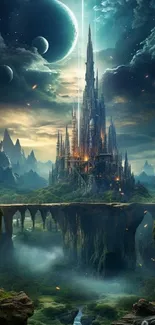 A fantasy castle under a starry night sky with surreal landscapes and planets.