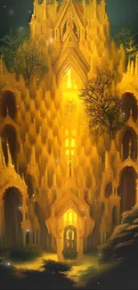 Gothic castle with golden glow and intricate details in a mystical setting.