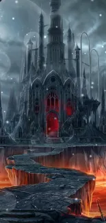 Gothic castle with lava landscape wallpaper.