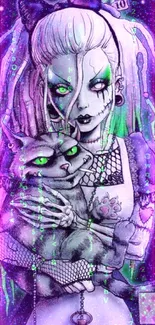 Gothic fantasy girl with cat in dark mystical art wallpaper.