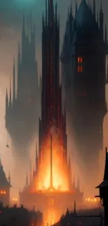 Gothic fantasy cityscape with burning towers and dark skyline.